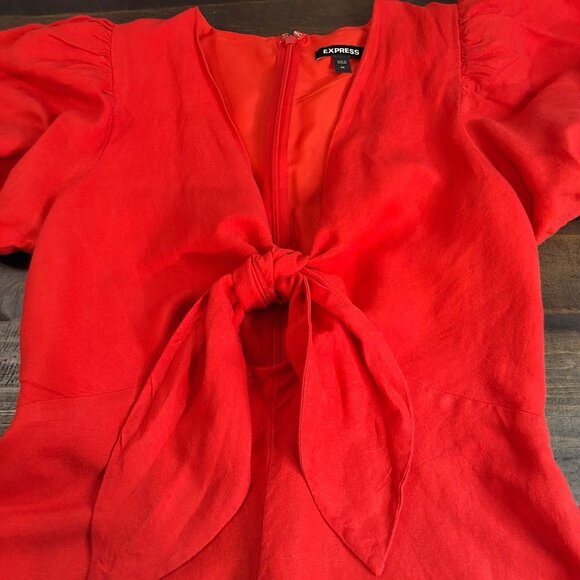 Express Linen-Blend Tie-Front Red Romper Puff-Sleeve XS Accentuated Bust Tie Low - Picture 3 of 8
